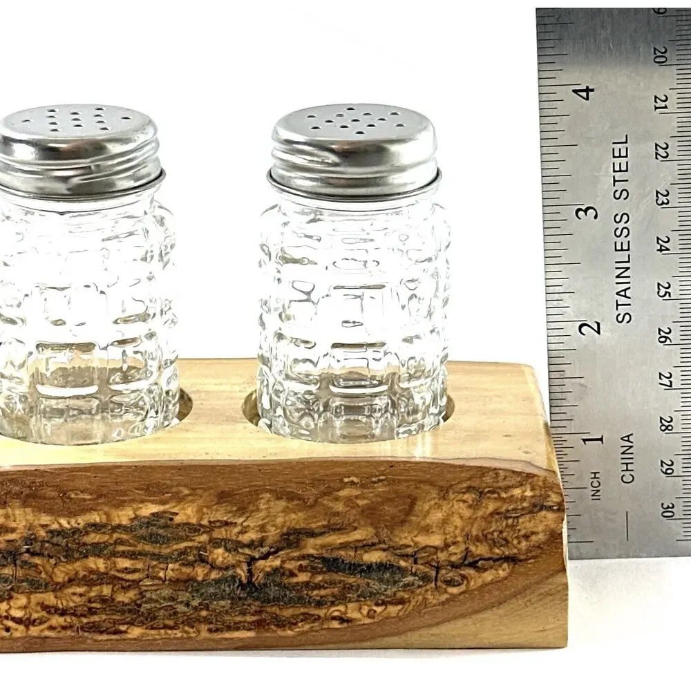 Rustic Wood Salt & Pepper Shaker Holder Set Live Edge Bark Glass Shakers Handmad